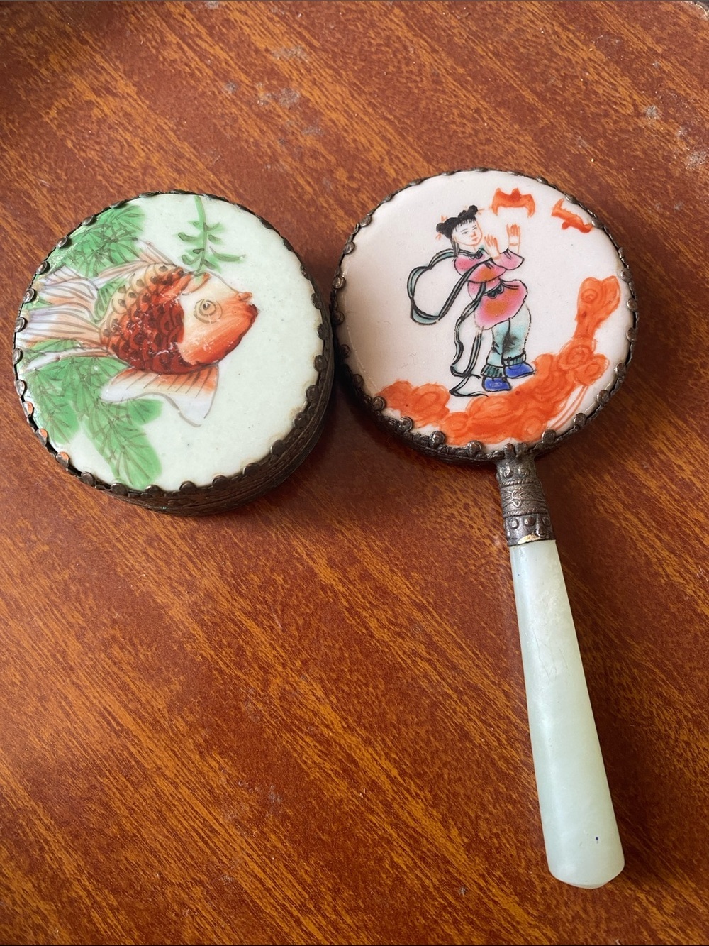 Vintage Porcelain Hand Mirror and Trinket Box Set - White, Orange Accents